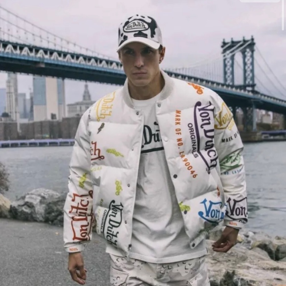 VON DUTCH PARIS All-Over Print Unisex Puffer Jacket Coat NWT Fashion Luxury WHT